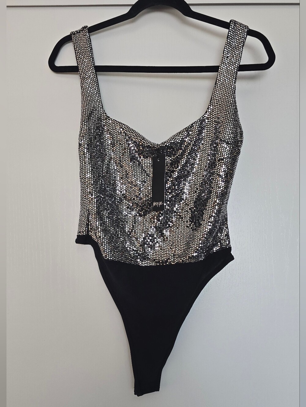 Nasty Gal - (NWT) Sequin Glitterball Sweetheart Strappy Black & Silver Bodysuit